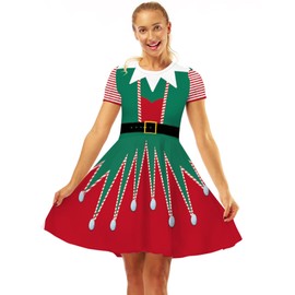 Fantasy Era Mommy and Me Dresses Matching Outfits Girls Women Ugly Christmas Xmas Costume Red Green Elf Print(Green,XL)
