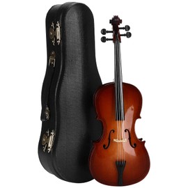 Cello Model Miniature with Case, Bow and Stand, 23 cm Handmade Wooden Cello Display Ornament Musical Instrument Accessories for Dollhouse Photo Props House Decoration
