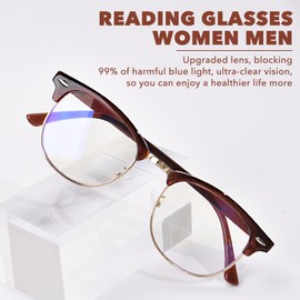 OPTOFENDY Reading Glasses for Women Men, Half Frame Retro Semi Rimless Blue Light Blocking Computer Readers, Clear Lens Brown 1.5x