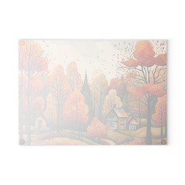 Tempered Glass Cutting Board for Kitchen Counter, Rustic Fall Village, Charcuterie board, Non-slip Feet, Scratch Resistant