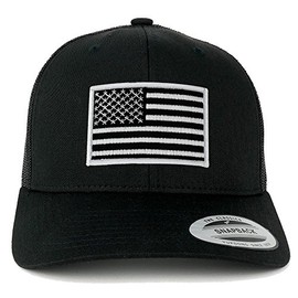 Flexfit American Flag Patch Snapback Trucker Mesh Cap - Black, Black White Patch, One Size