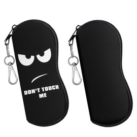 MoKo Glasses Case, Pack of 2 Lightweight Neoprene Zip Sunglasses Bag with Belt Clip for Glasses Frame, Portable Case for Keys, Pencils, Cards, Black + Don't Touch Me