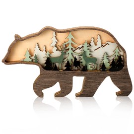 Honoson Forest Animal Rustic Wall Art Decor Wooden Farmhouse Wall Decoration Wooden Animal Decor Wood Forest and Mountain Ornaments for Cabin Bedroom Living Room Decor (Bear Style, Colorful)