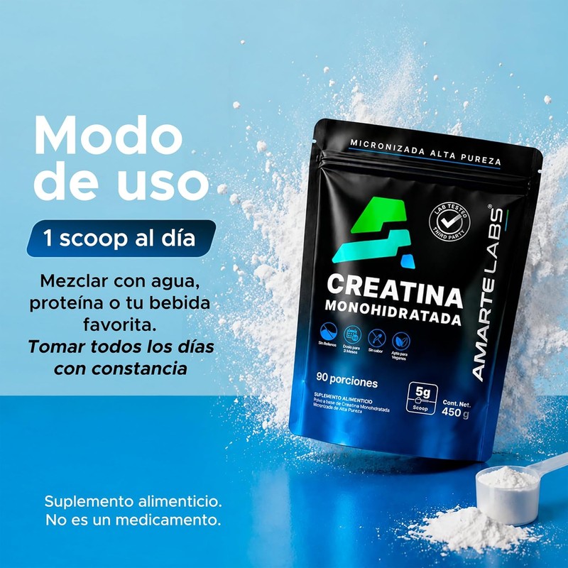 AMARTE LABS Creatina monohidratada en polvo alta pureza, 90 porciones,