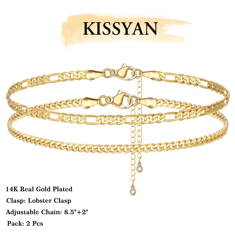 KissYan Gold Layered Ankle Bracelets for Women, Dainty 14K Gold