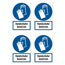 Stickers: 112.5 x 75 mm, Pack of 4 – Use Gloves – Mandatory Sign with Text (German) (Blue/White) – Vertical – M009 – DIN EN ISO 7010 / ASR A1.3