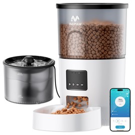 IMIPAW 5G WiFi Automatic Cat Feeder and Water Dispenser, Timed Dry Food Dispenser APP Remote Control, Programmable Portions, with Desiccant, Cat Fountains for Drinking with Filter, Small Pets (Combo)