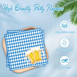 Pack of 100 Oktoberfest Napkins, Robofun Bavarian Napkins, Blue and White Chequered, 33 x 33 cm, Folded to 16.5 x 16.5 cm, 4-Layer Oktoberfest Decorative Napkins, Oktoberfest Accessories