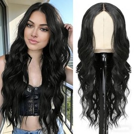 ShowCoco - Peluca negra de 26 pulgadas para mujer, pre cortada, atada a mano, con encaje, de cabello largo ondulado, línea de cabello natural, parte m