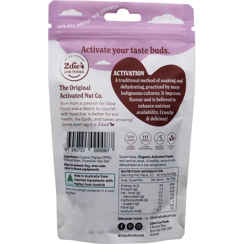 2Die4 Live Foods Activated Organic Pepitas 100g