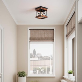 Fivess Lighting Rustic Farmhouse Flush Mount Ceiling Light 1-Light Metal and Wood Cage Mini Semi Flush Mount Light Fixture for Hallway Kitchen Entryway, Black