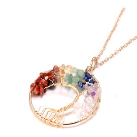 Halukakah Women's Crystals Healing Stones Necklace Gold/Platinum Plated Brass Wire Natural Moonstone / Pink Quartz/Amethyst Quartz/Carnelian/Jade Handmade Winding Tree of Life Pendant Chain 50 cm,