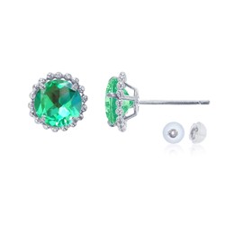 10K White Gold 5mm Round Created Green Sapphire with Bead Frame Stud Earring with Silicone Back