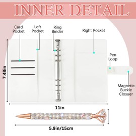 Resholder A5 Glitter Rhinestone 6 Ring Notebook Binder with Diamond Pen Set Silver Bling Office Accessories Supplies for Women Teen Girls Glitter Gift Set