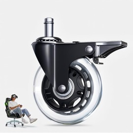 Office Chair Wheel Replacement with Brake - 3″ Heavy Duty Caster Locking Wheel for Desk Chairs, Smooth Rolling Chair Caster, Safe for Hard Floors and Low Carpets,Universal Fit (1 pc, Clear)