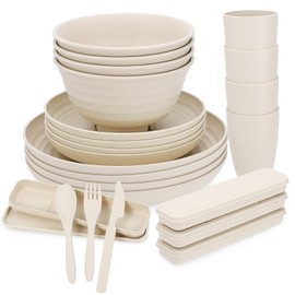 Wheat Straw Dinnerware Set (32PCS)| Unbreakable Tableware Set Dishwasher & Microwave Safe Eco-Friendly Reusable Dinner Dessert Plates, Bowls, Mugs, Cutlery (Beige)