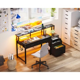 AODK 48-Inch Computer Desk with Fabric File Cabinet and Fabric Drawers, Reversible Office Desk with LED Strip and Power Strip, Gaming Desk with Monitor Riser, Writing/Study Table for Home, Black
