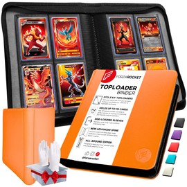 FORZAROCKET 4 Pocket Toploader Binder, Holds 112 Top Loaders, 8 INCLUDED, Waterproof PU Leather, Archival Safe Pockets, Compatible with Sports, Trading Cards in 3"x4" Toploaders (Orange)