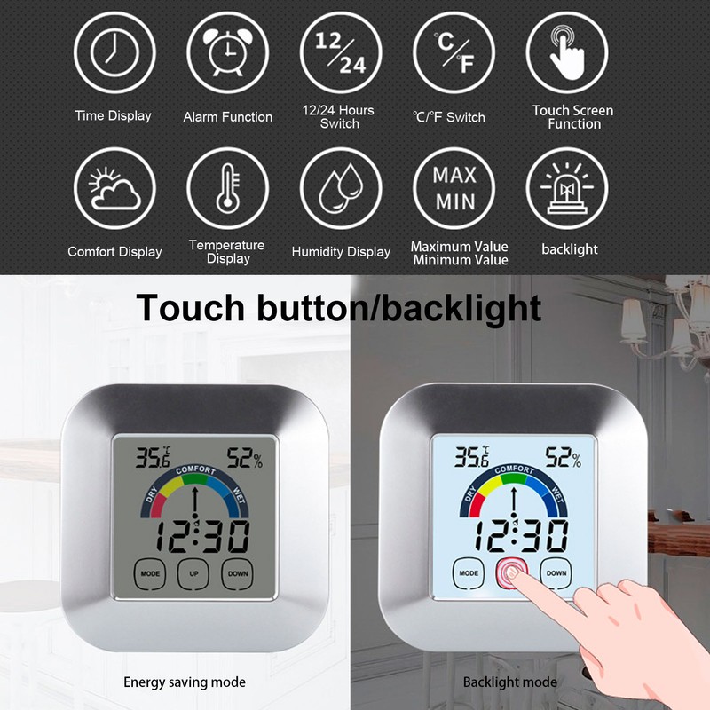 Indoor Touch LCD Screen Thermometer Hygrometer Electric Alarm Clock for