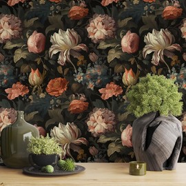 WalRiddle Oil Painting Vintage Floral Blossom White/Pink/Orange Flowers Peel and Stick Wallpaper Easy Peel Off Contact Paper Stick on Adhesive Wall Paper for Bathroom Waterproof Renter Friendly