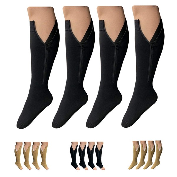 HealthyNees Open or Closed Toe 20-30 mmHg Zipper Compression Medical Leg Socks (2 Pairs Closed Toe Black, 2X-Large)