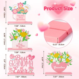 Haooryx Mother's Day Tabletop Centerpiece - 4Pcs Grandma Pink Flower Table Topper Centerpiece Best Grandma Ever Wood Letter Sign Detachable Decoration Mother's Day Decor Birthday Gift