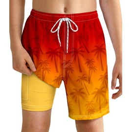 YGDSX Boys Swim Trunks with Compression Liner Boys Quick Dry 2 in 1 Swim Shorts Summer Beach Shorts Orange Yellow
