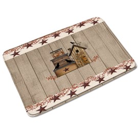 Country Bath Mats Western Texas Star and Primitive Berries Vintage Wooden Plank Farmhouse Birdhouse Birds Rustic Memory Foam Flannel Bath Floor Rugs for Kitchen Bathtub Laundry 29.5 x 17.7 Inch