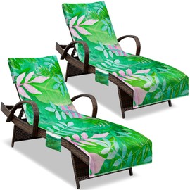 NISDOING Lounge Chair Towel Cover, (Pack of 2), Beach Chair Cover with Pockets, Pool Chair Covers for Outdoor Beach Furniture Sun Lounger, No Sliding, 85 X 30 in, Green Pink Leaves