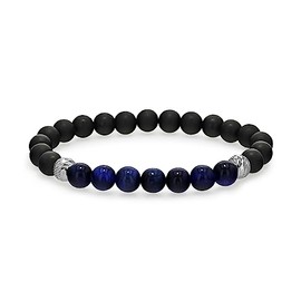 Spartan Mens Beaded Bracelet with Matte Black Agate & Various Accent Gems | 925 Sterling Silver Connector Beads | 8mm Beads Elastic (Matte Black Agate & Blue Tiger Eye)