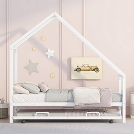 MERITLINE Twin House Bed with Trundle, Metal House Bed with Roof, Twin Platform Bed, Montessori Bed, House Daybed Frame for Toddler,Kids, Teen, Boys Girls, No Box Spring Needed (White)