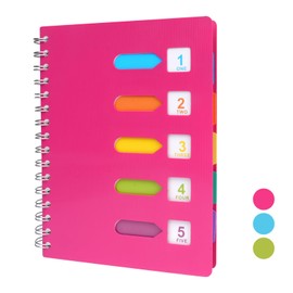 Tikplus A5 Notebook with Dividers, Notebook with Tabs, Spiral Notepad with Dividers, 240 Pages Project Book of 80 GSM Paper, Wirebound A5 Notepad for School, Office, and Home - Pink