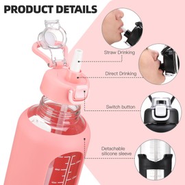 chunmo 64 oz Glass Water Bolttles with Straw Half Gallon Large Motivational Water Bottle with Time Marker Sports Water Bottles with Silicone Sleeve and Handle Lid Water Jug for Gym Workout