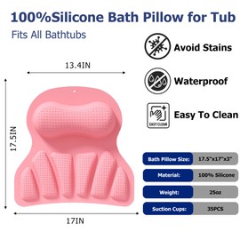 Silicone Tub Pillow for Bathtub- Premium Head and Neck Support, Soft Silicone Bath Cushion with 35 Suction Cups and Massage Nubs for Bathtub Soakin (Pink)