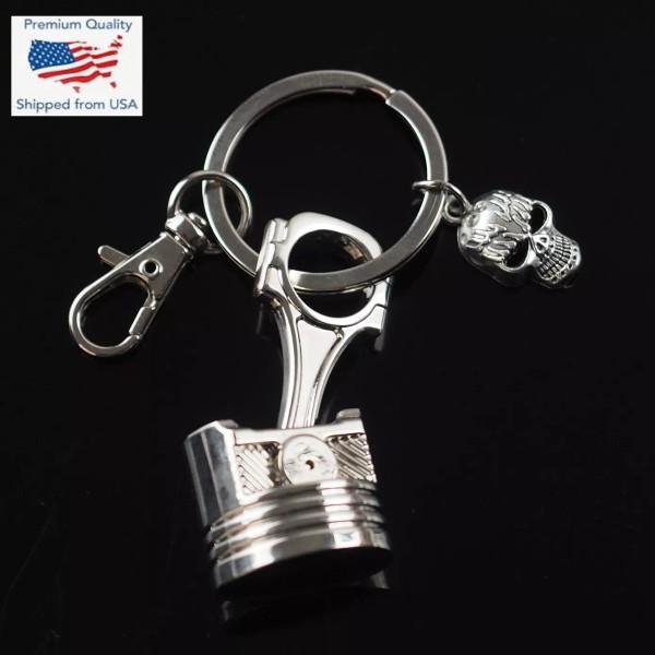 Piston Keychain Clip Connecting Rod Key Flaming Skull Charm Chrome