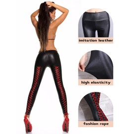 HTMUJR Women's Faux Leather Leggings Stretchy High Waisted Faux Leather Pants,Sexy Legging Cuir Femme Pleather Leggings with Lace-Up Back,One Size Black