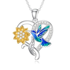 VLXQW Heart Hummingbird Necklaces for Women 925 Sterling Silver Hummingbird Pendant Necklaces with Sunflower Bird Jewelry for Christmas Anniversary