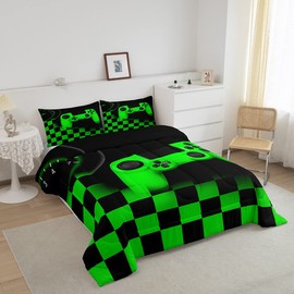 Gaming Comforter for Teen Boys Game Room Decor Bedding Set Kid Girls Gamepad Duvet Insert for All Season Gamer Home Decor Down Comforter Set with Black Green Buffalo Check Plaid Twin Size,1 Pillowcase