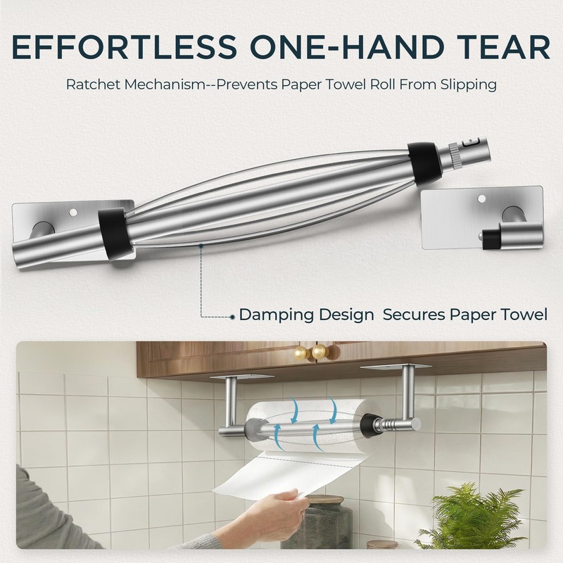 FORIOUS Paper Towel Holder Under Cabinet, One Hand Tear, Commercial,Silver