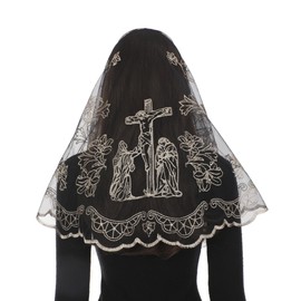 Bozidol Christian Veil Catholic Veils Black Gold Lace D-Shaped Embroidered Easter Lily Church Head Covering for Women with Gift Box
