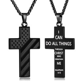 Fiusem Cross Necklace for Men, Black Mens Cross Necklaces American Flag Pendant with 18 Inch Chain, PHILIPPIANS 4:13 Baptism Religious Christian First Communion Graduation Gifts