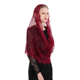PAMOR Spanish Style Lace Traditional Vintage Inspired Infinity Shape Mantilla Veil Latin Mass Head Covering (Burgundy)