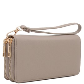 FashionPuzzle Double Zip Around PU Leather Wristlet Wallet (Travertine)
