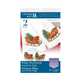 Leisure Arts Tea Towel 17"x28" Sleigh 2pc, Towel Set, Embroidery kit, Bathroom Hand Towels, Kitchen Towel, Cross Stitch Kits, Stamped Cross Stitch Kits