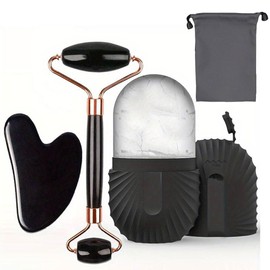 Rodillo de hielo y gua sha facial, kit de masaje para rostro, herramientas de masaje manual reutilizables, exquisita caja de regalo，adecuado para el cuidado de la piel facial (black)
