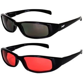 2 Pairs of MF Eyewear Bad Attitude Cool Wraparound Motorcycle Sunglasses Black Frames with Smoke & Red Lenses
