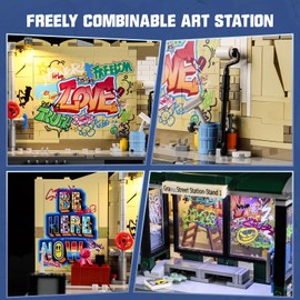 FUNWHOLE FUNWHOLE Graffiti Bus Stop Lighting Building Bricks Set - Street Fusion City Town Bus Station with LED Lgiht Multi-Form Modular Collection Kit 514 Pcs for Adults & Teens & Street Culture Lovers