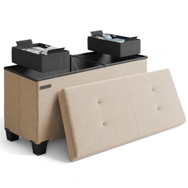 STORAGEBUD Storage Ottoman Bench with Bins, 30-in Storage Bench for Bedroom End of Bed, Folding Foot Rest Ottoman for Living Room Max 660lbs, Velvet Ottomans, Taupe