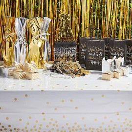 6 Pack Plastic White and Gold Tablecloth with Gold Polka Dot Confetti, Rectangular Party Table Covers (54 x 108 in, 6 Pack)