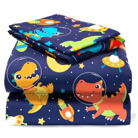 Joiedomi Kids Twin Sheet Set Space Dinosaur - 3 Piece Soft Microfiber Bed Sheets - Deep Pocket Wrinkle Free, Cozy Toddler Bedding Set, Fade Resistant Breathable for Boys Girls Teens
